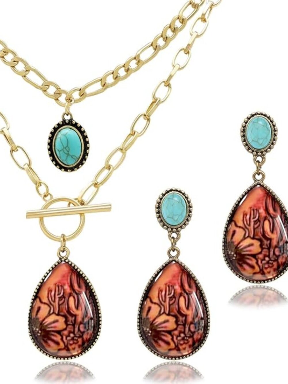 3PCS Western Turquoise Jewelry Set | Boho Cactus Necklace & Dangle Earrings